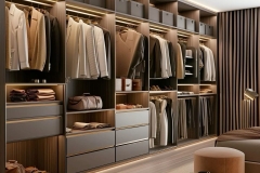 Modern walk-in closet with LED lighting and storage